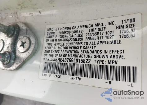 2009 Honda Cr-V Ex-L from USA, damaged, VIN 5J6RE48769L015822
